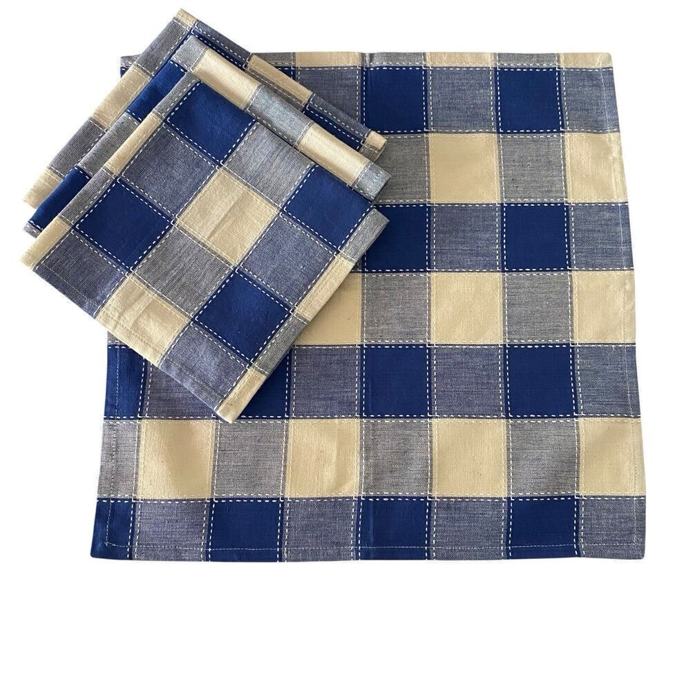 Lot of 4 Cloth Napkins Blue Cream Buffalo Plaid  17.25" x  17.25" Cotton Dining
